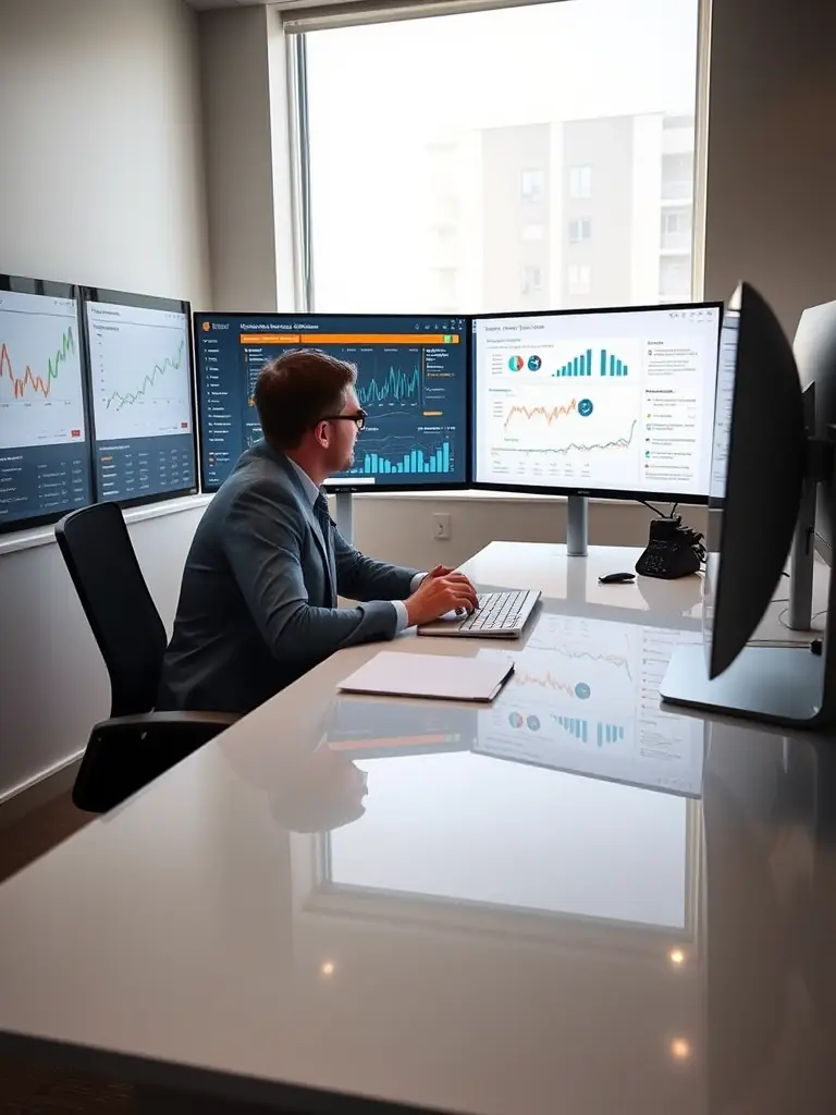 A consultant in a suit, smiling confidently while pointing at a digital dashboard displaying key performance indicators, set in a modern office environment with blurred colleagues in the background, representing strategic consulting services.