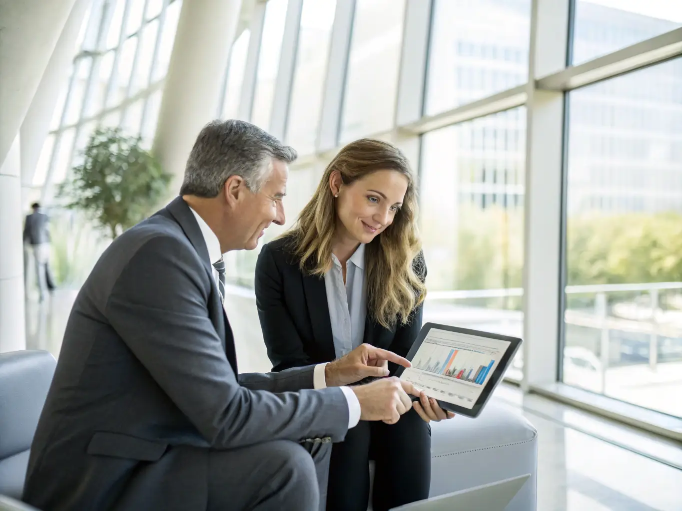 A professional image of a consultant presenting data-driven insights to a client in a modern office setting, emphasizing AetherCore's commitment to data-driven solutions.